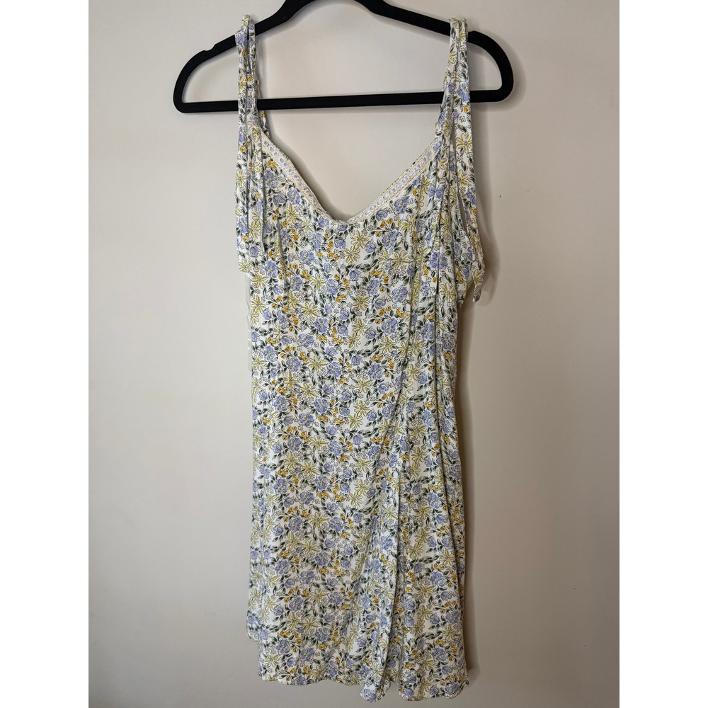 As U Wish Floral Mini Dress Blue Yellow White Tie Strap Smocked Back 2X